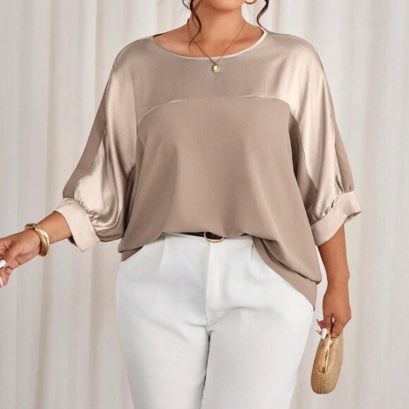 Champagne Casual Women's Plus Size Metallic Party Shirt - Picture 7 of 7